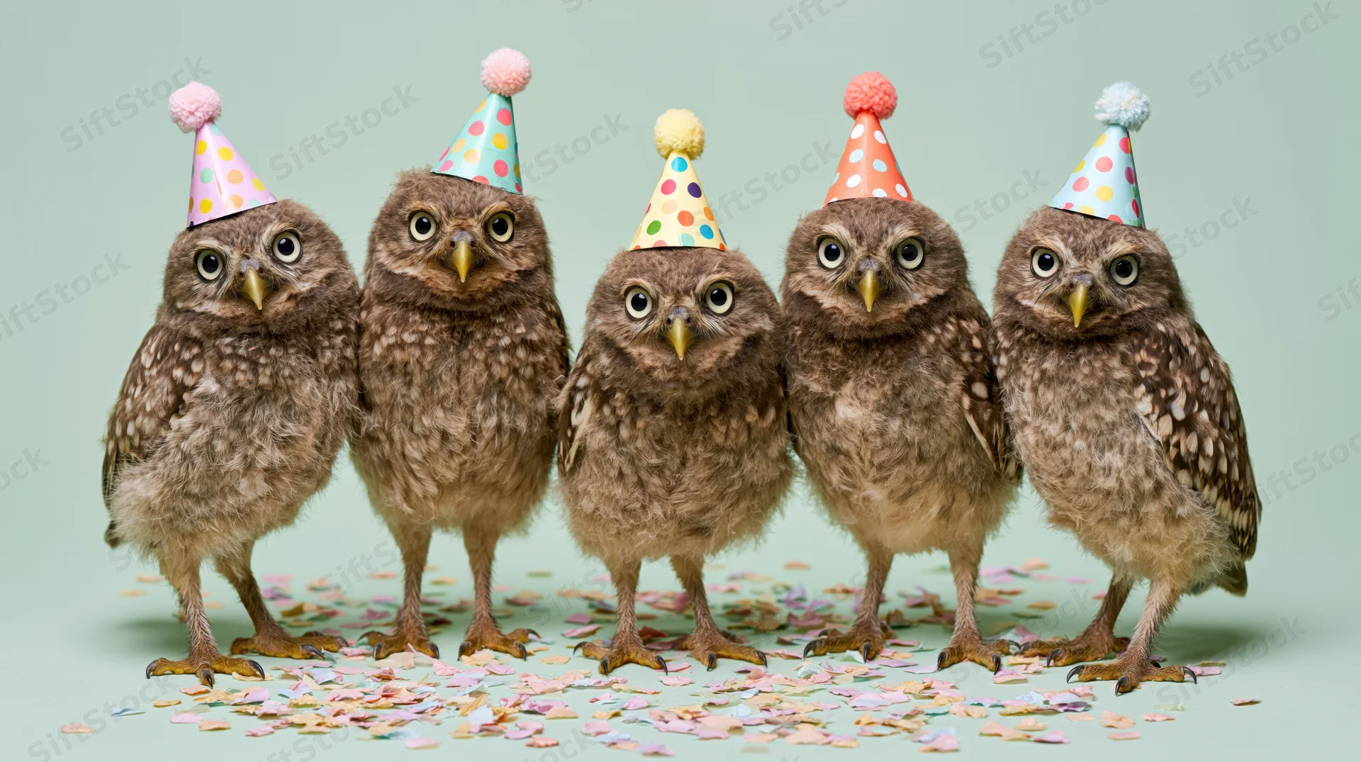 Five owlets wearing party hats standing in a row on confetti-covered floor