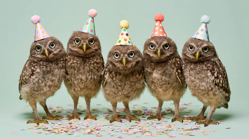 Five owlets wearing party hats standing in a row on confetti-covered floor