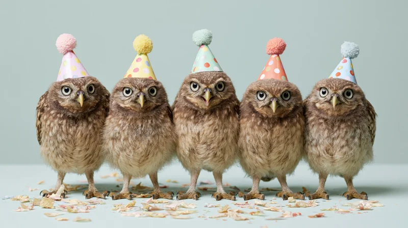 Five owlets wearing party hats standing in a row on a light background with scattered confetti