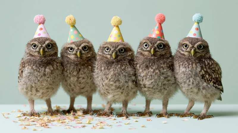 Five baby owls wearing party hats standing in a row on a mint background with scattered confetti