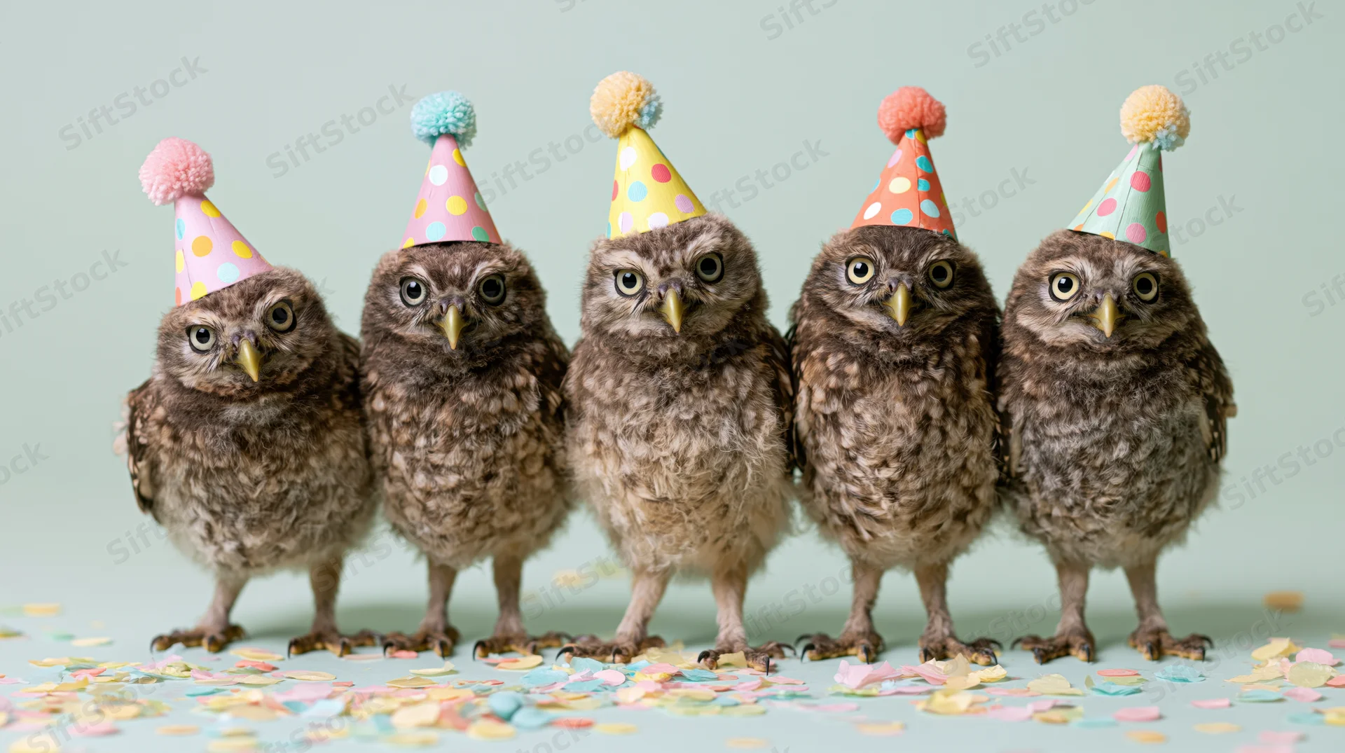 Five baby owls wearing party hats standing in a row on a mint green surface with scattered confetti