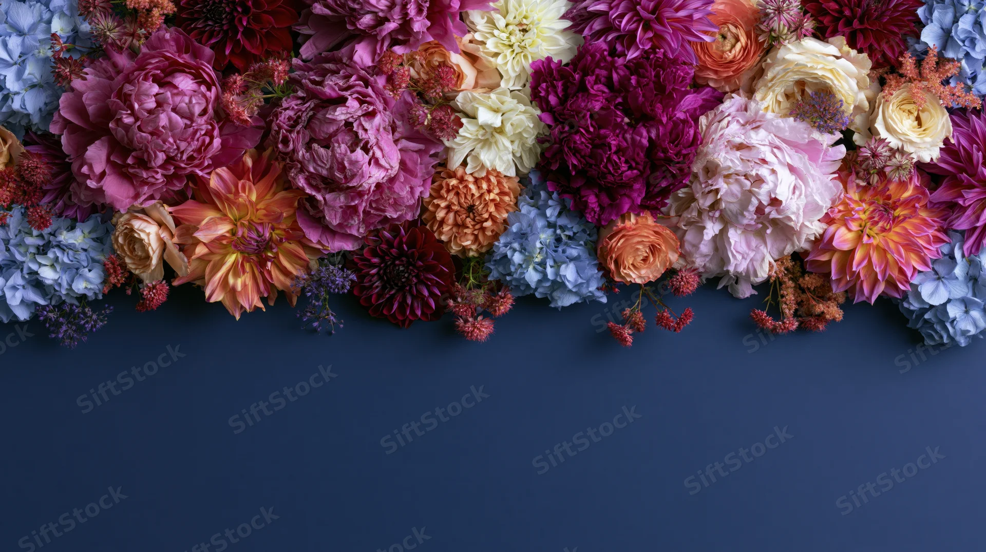 Flat lay of mixed garden flowers including peonies and dahlias arranged along the top of a dark blue surface with copyspace below
