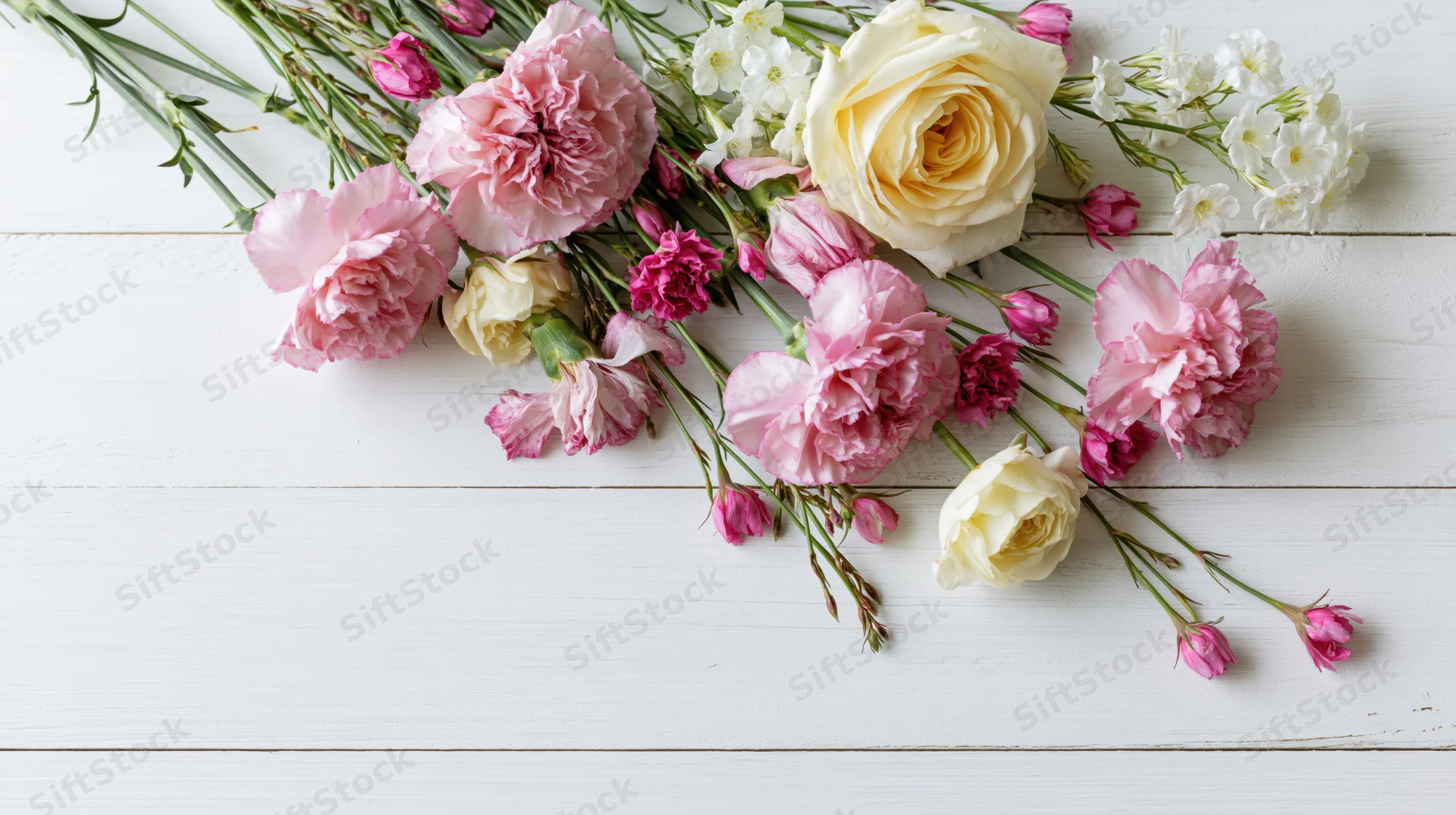 Pink carnations and cream-yellow roses arranged on a white wooden surface