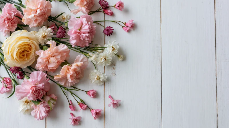 Pink carnations and cream-yellow roses arranged in a flat lay on a white wooden surface
