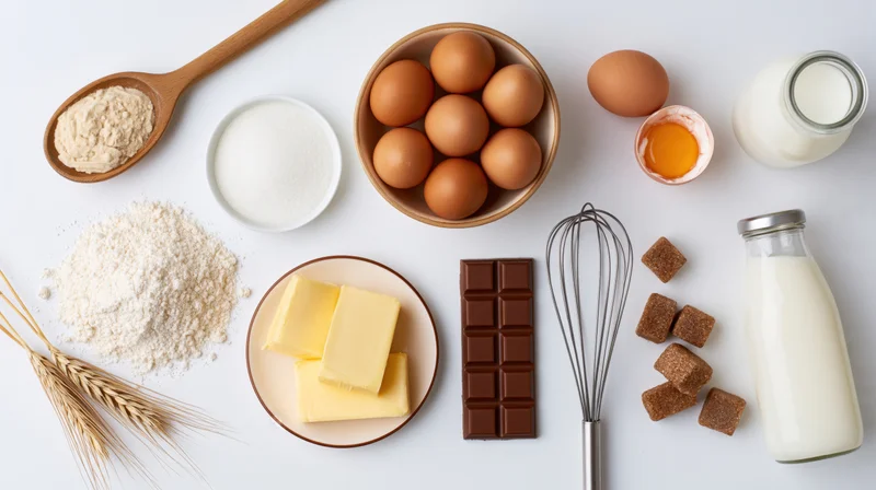 Baking ingredients arranged separately on a clean white surface in flat lay view