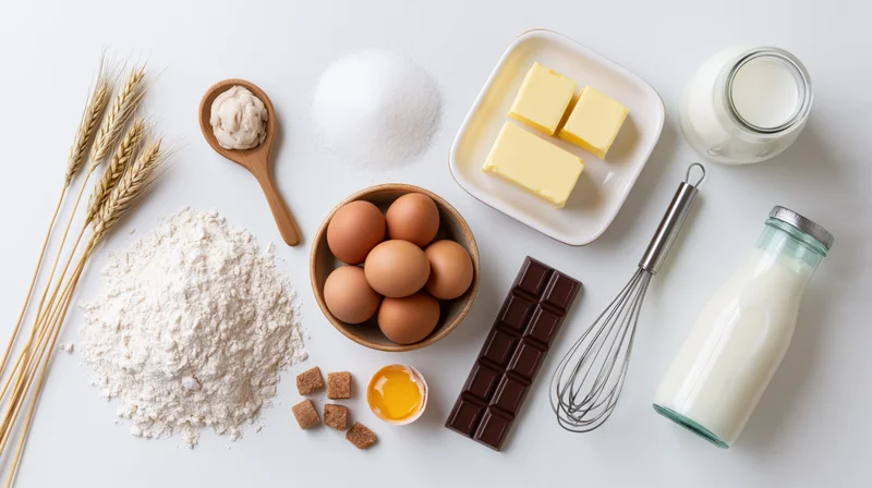 Baking ingredients arranged separately on a clean white surface