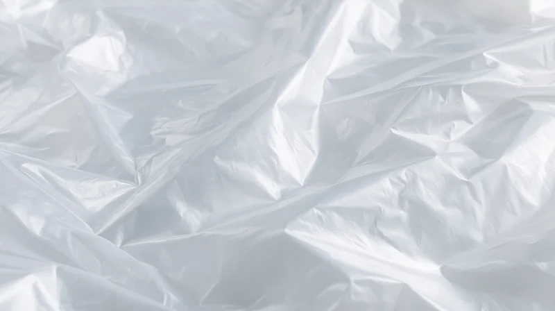 Crumpled clear plastic poly bag surface with folds and creases on white background
