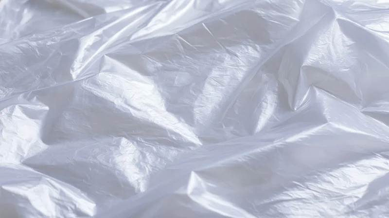 Crumpled clear plastic poly bag lying flat on white surface