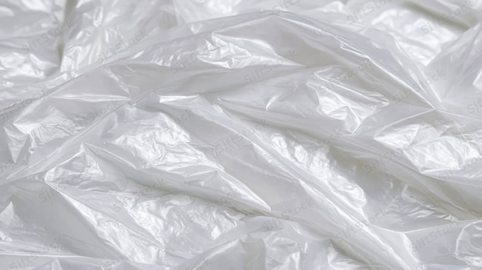 Crumpled clear plastic poly bag lying flat on white surface