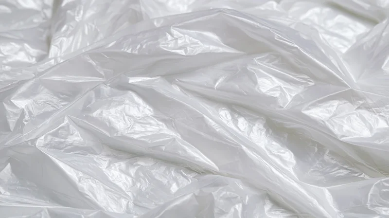 Crumpled clear plastic poly bag lying flat on white surface