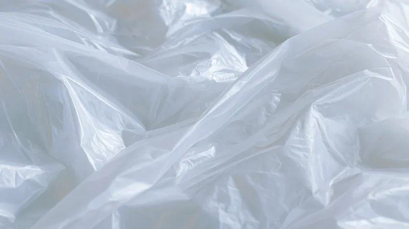 Crumpled clear plastic poly bag lying flat on a white surface