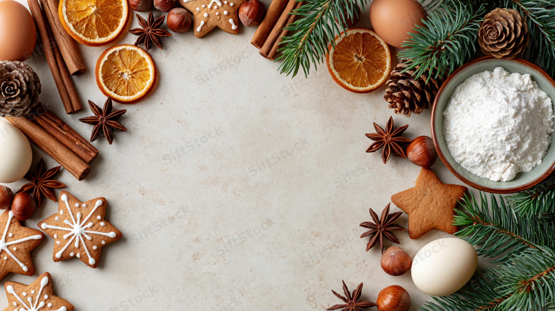 Christmas baking ingredients arranged in a festive flat lay with gingerbread cookies, spices, and pine branches on a light surface