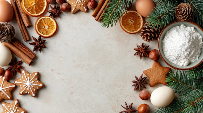 Christmas baking ingredients arranged in a festive flat lay with gingerbread cookies, spices, and pine branches on a light surface