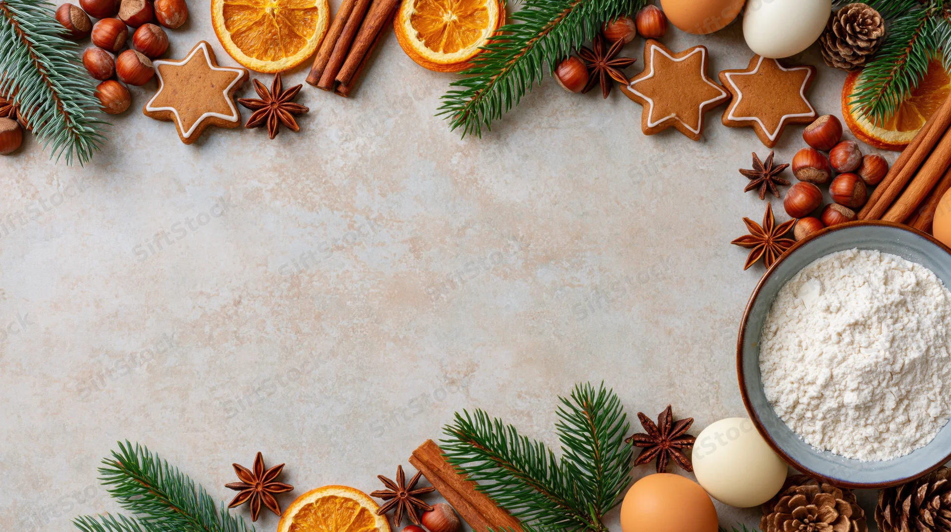 Christmas baking ingredients arranged in a festive flat lay on a table with copyspace