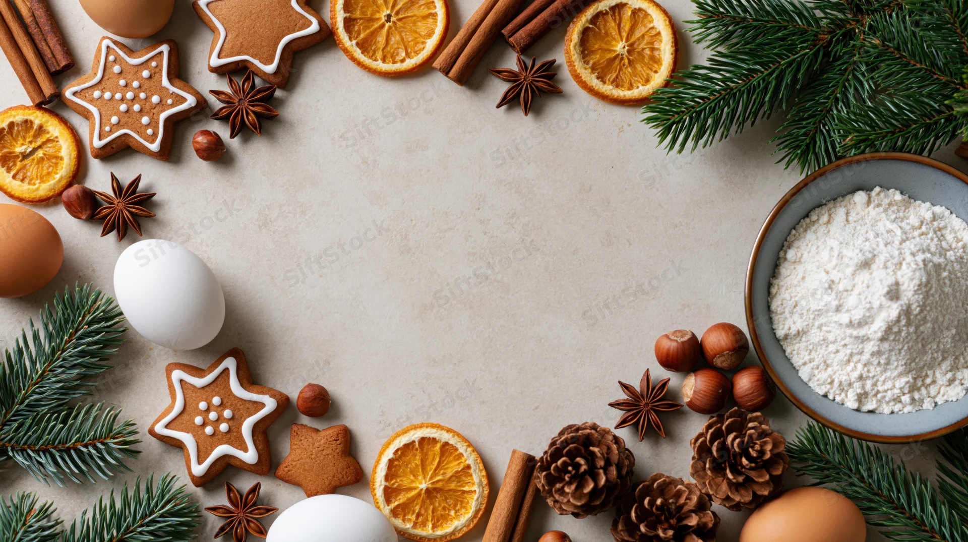 Christmas baking ingredients arranged in festive flat lay with gingerbread cookies, flour, eggs, cinnamon, orange slices, pine branches, and pinecones on countertop