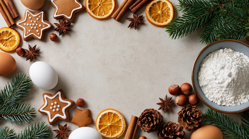 Christmas baking ingredients arranged in festive flat lay with gingerbread cookies, flour, eggs, cinnamon, orange slices, pine branches, and pinecones on countertop