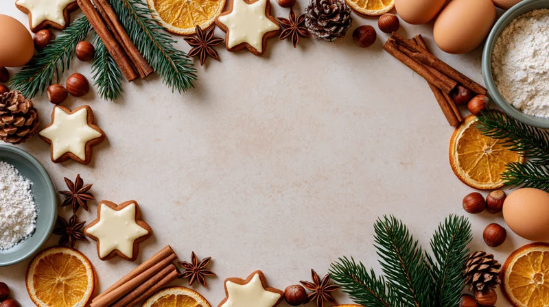 Christmas baking ingredients arranged in a festive border on a flat surface with copyspace