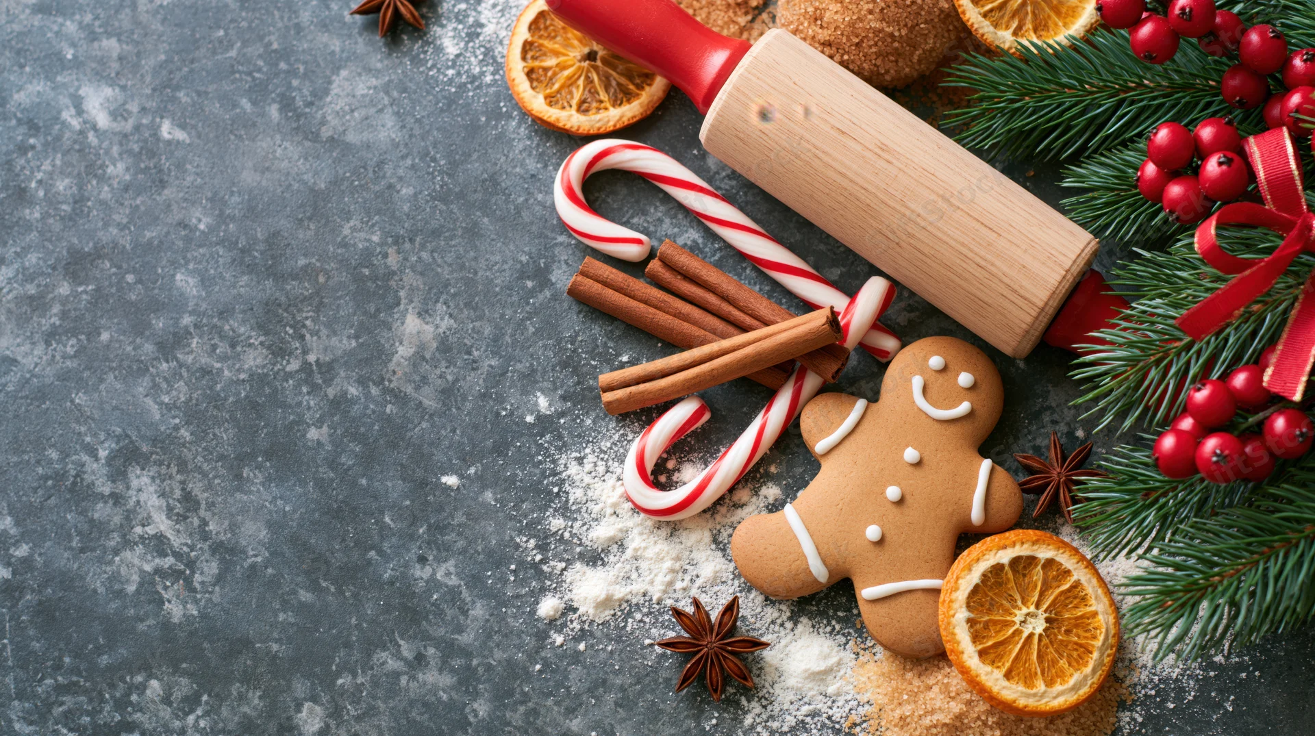 Gingerbread cookie with baking ingredients and christmas decor arranged on dark countertop