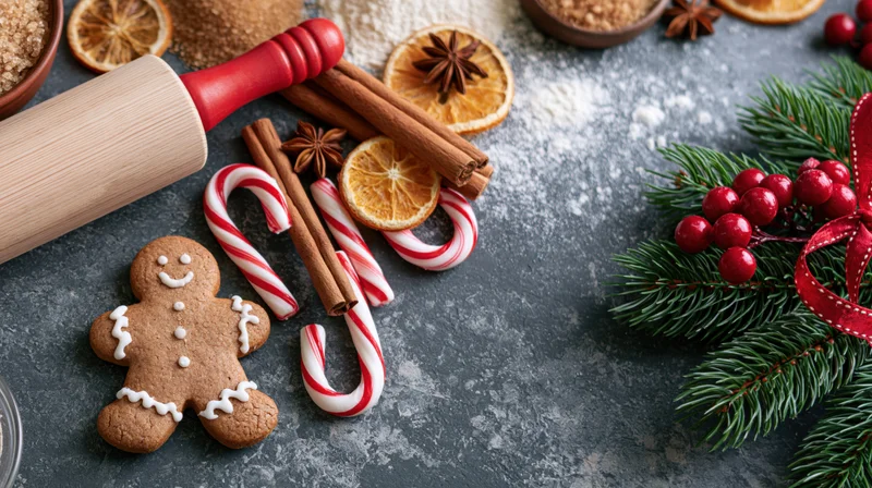 Gingerbread cookie with candy canes and spices arranged on a dark countertop with christmas decorations