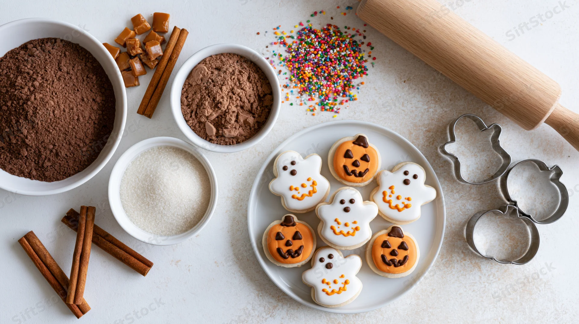 Halloween cookies decorated as ghosts and pumpkins on a plate with baking ingredients arranged around on a white surface