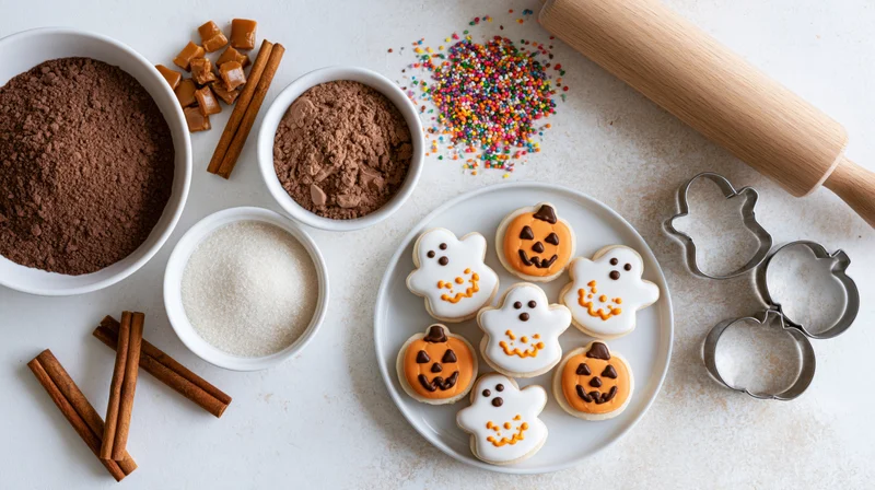Halloween cookies decorated as ghosts and pumpkins on a plate with baking ingredients arranged around on a white surface