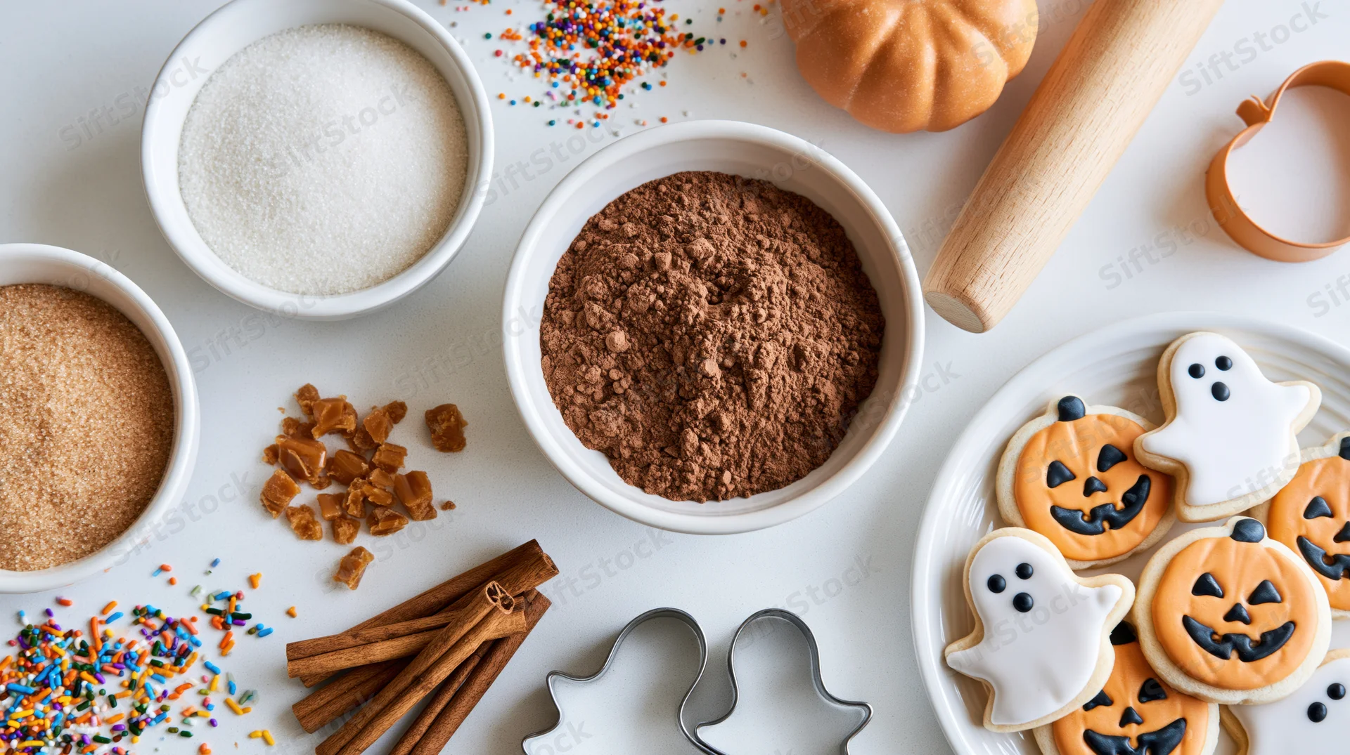 Halloween cookies and baking ingredients arranged on a white surface in a flat lay overhead view