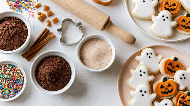 Halloween cookies shaped as ghosts and pumpkins arranged with baking ingredients on a white surface