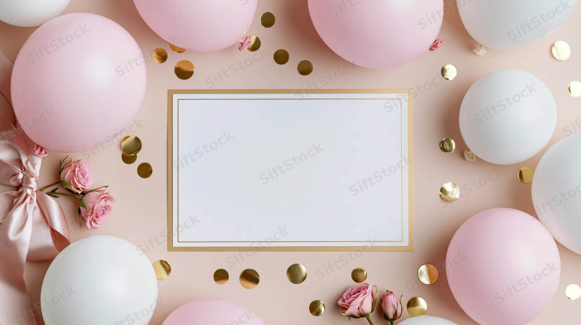 Blank card with gold border surrounded by pink and white balloons, roses, confetti, and ribbon on a pastel pink surface