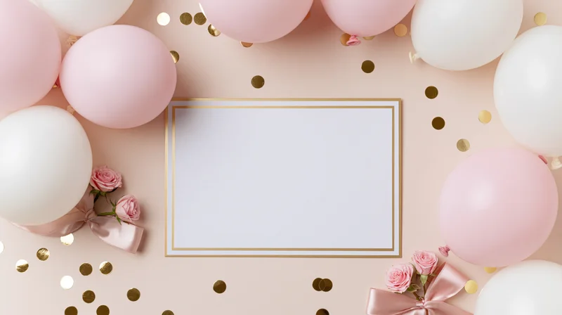 Blank card with gold border surrounded by pink and white balloons, roses, ribbon, and gold confetti on a pastel pink surface