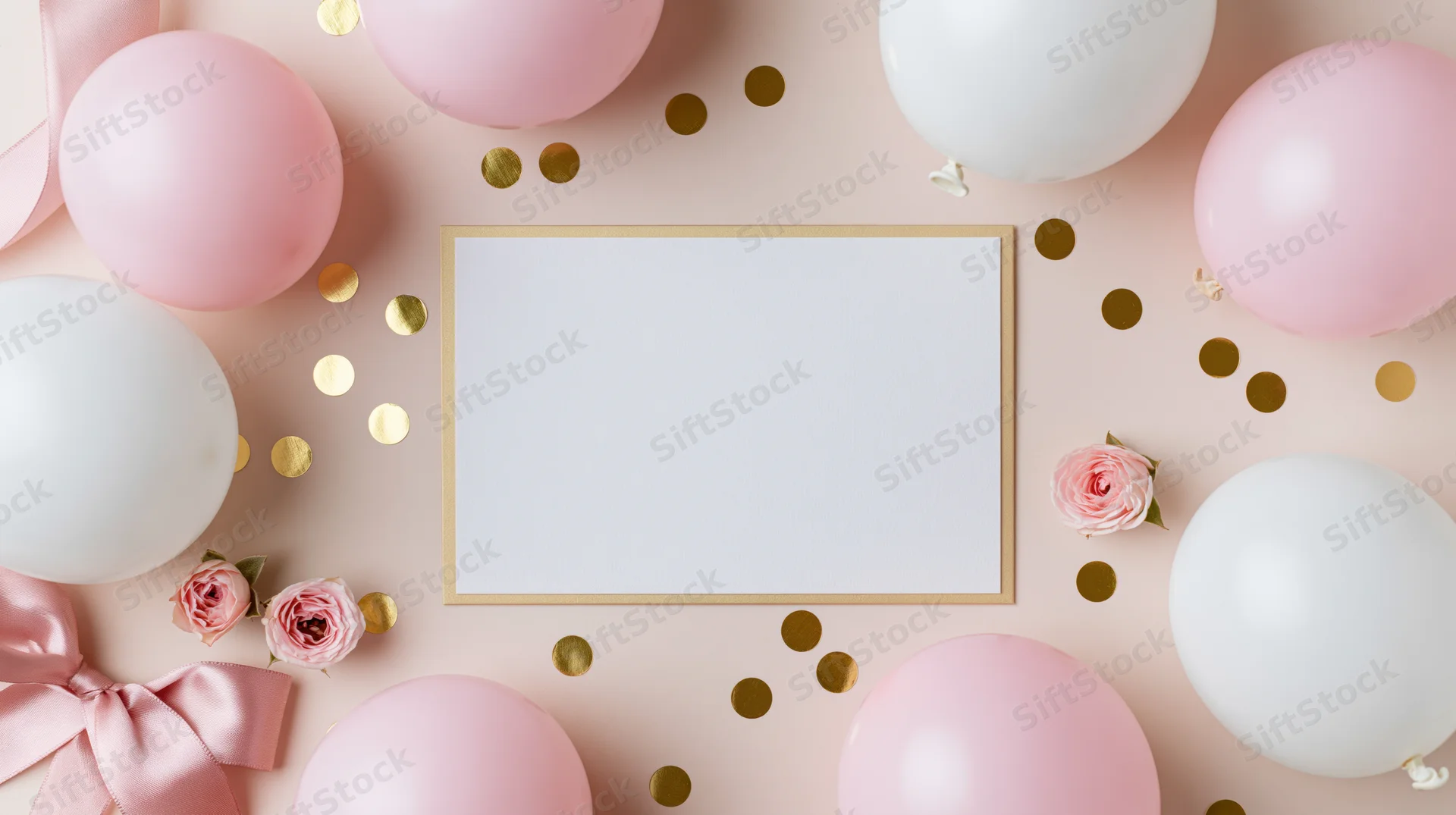 Blank card with gold border surrounded by pink and white balloons, roses, ribbon, and gold confetti on pastel pink surface