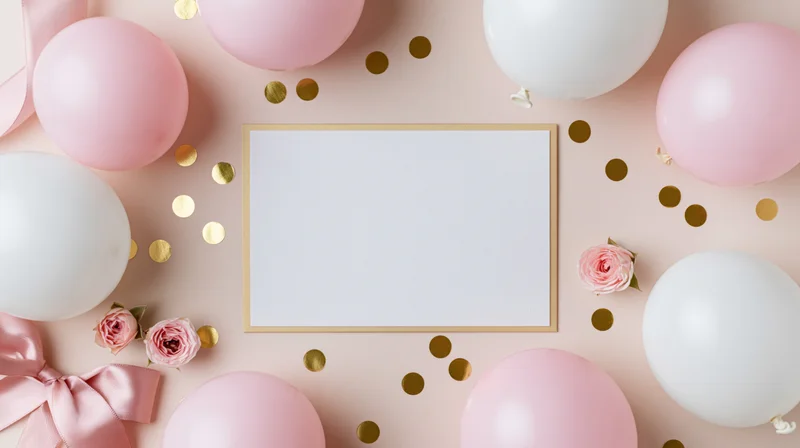 Blank card with gold border surrounded by pink and white balloons, roses, ribbon, and gold confetti on pastel pink surface