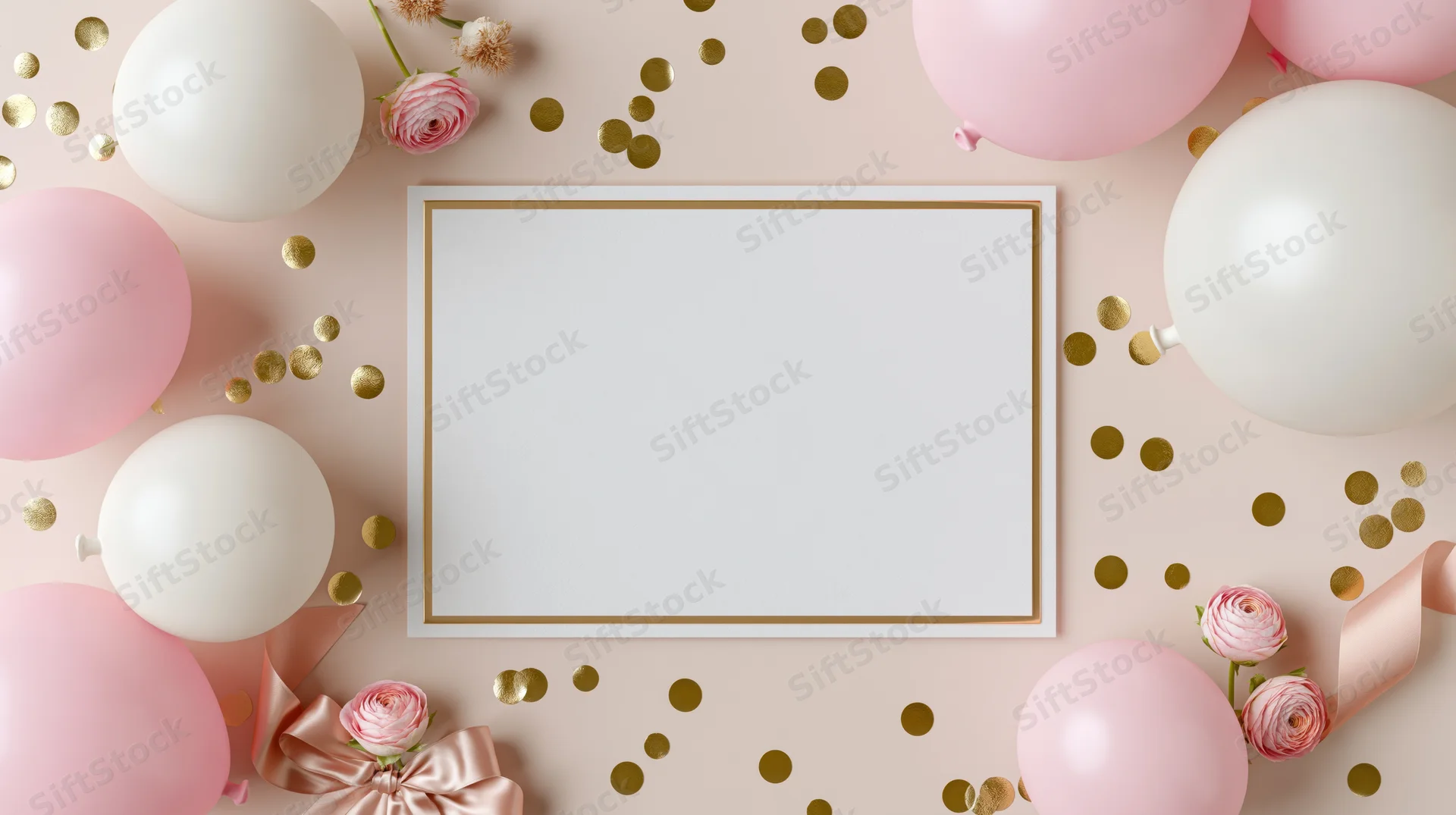 Blank card with gold border surrounded by pink and white balloons, roses, confetti, and ribbon on a pastel surface