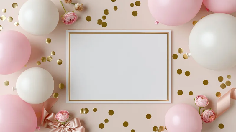 Blank card with gold border surrounded by pink and white balloons, roses, confetti, and ribbon on a pastel surface