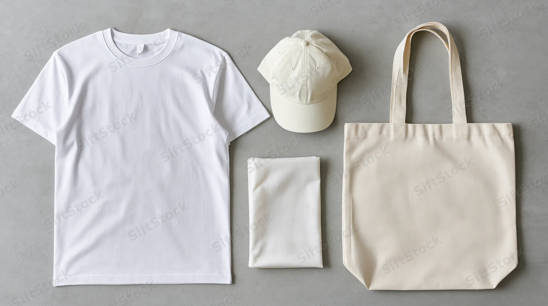 Flat lay of plain white t-shirt, off-white cap, folded fabric, and canvas tote bag on gray surface