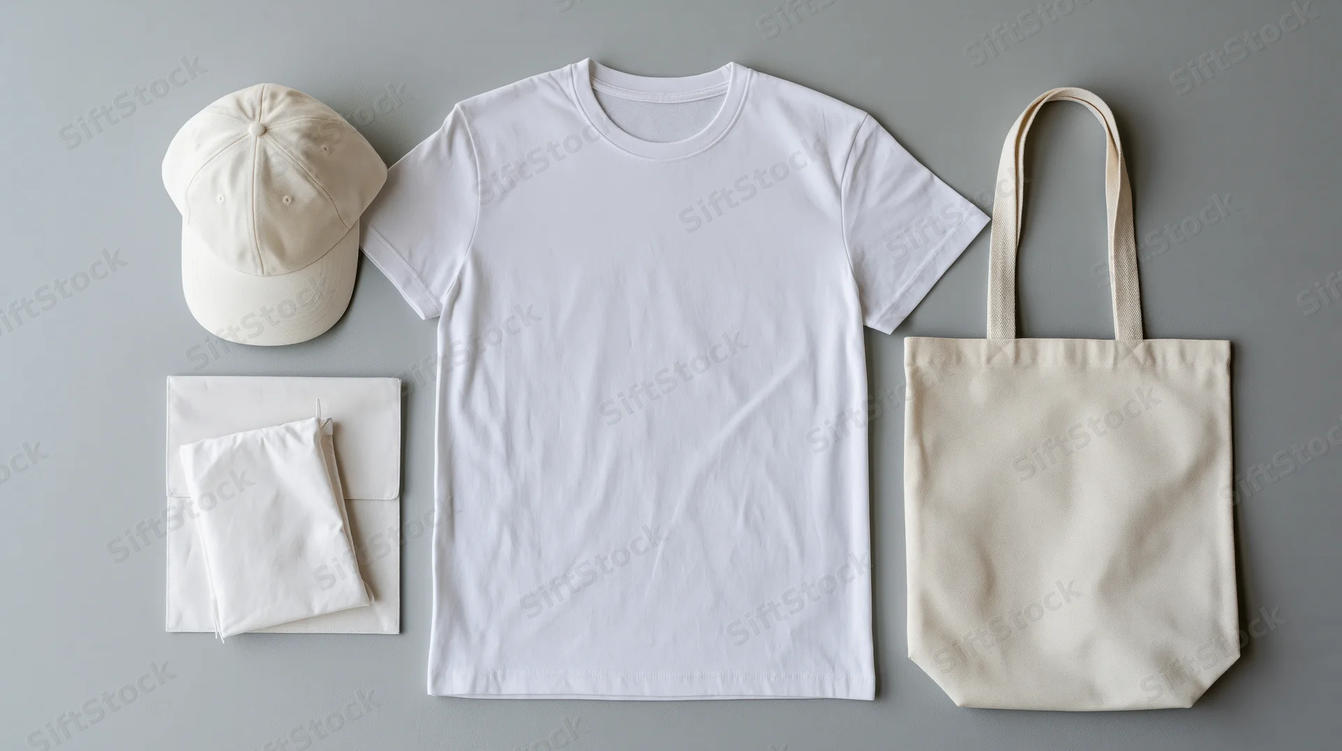 Flat lay of plain white t-shirt, off-white cap, tote bag, and envelope on gray surface
