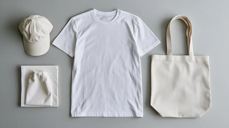 Flat lay of white t-shirt, cap, tote bag, and drawstring pouch on gray surface