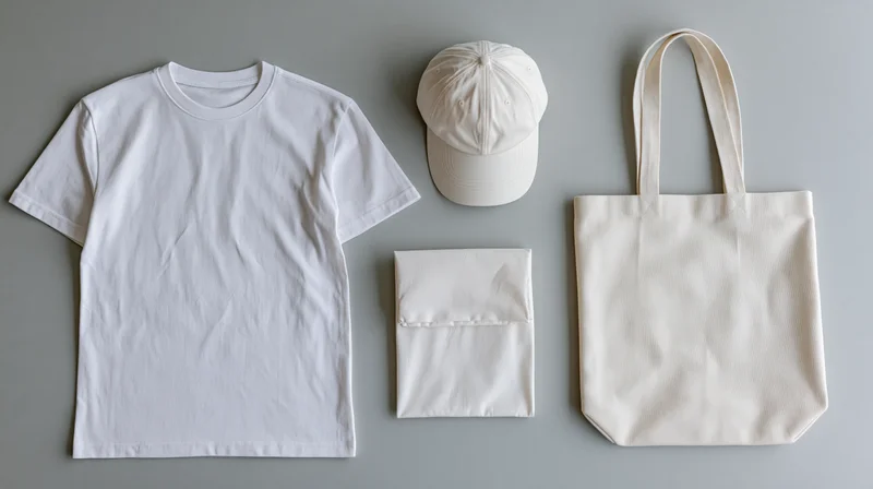 Flat lay of white t-shirt, cap, tote bag and pouch arranged on gray surface