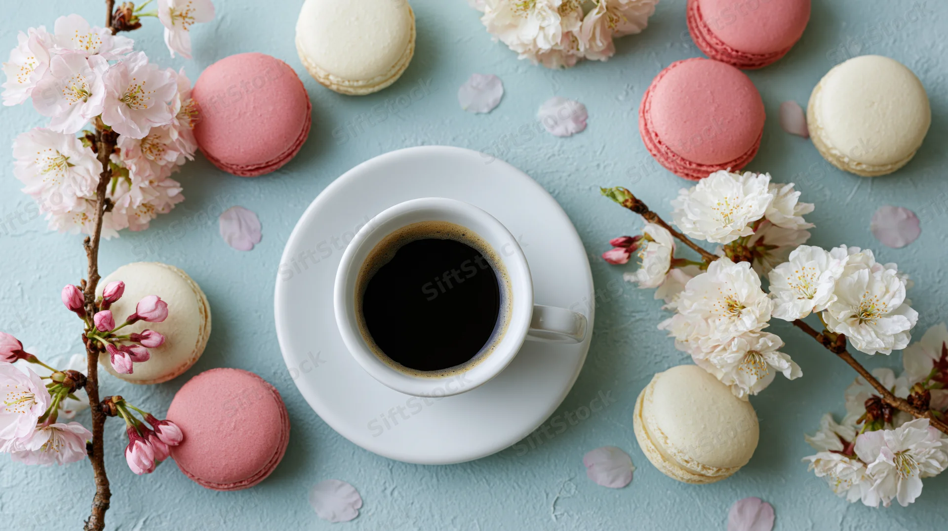 White ceramic espresso cup with black coffee surrounded by pink and cream macarons and cherry blossom branches on a light blue surface