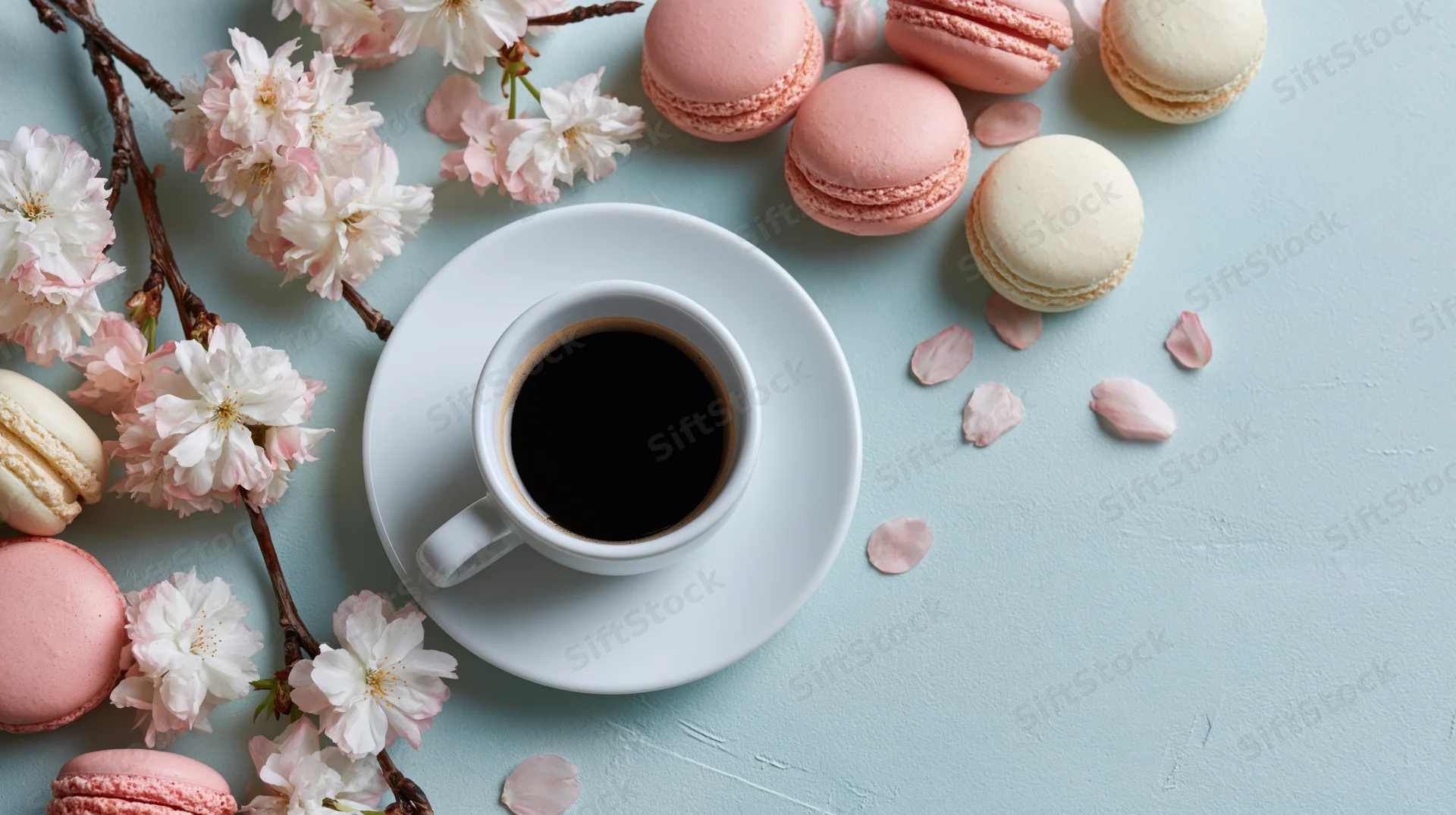White ceramic espresso cup with black coffee, pink and cream macarons, and cherry blossom branches arranged on a light blue surface in a flat lay composition