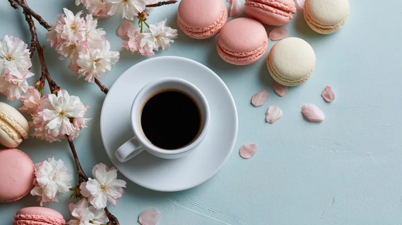 White ceramic espresso cup with black coffee, pink and cream macarons, and cherry blossom branches arranged on a light blue surface in a flat lay composition