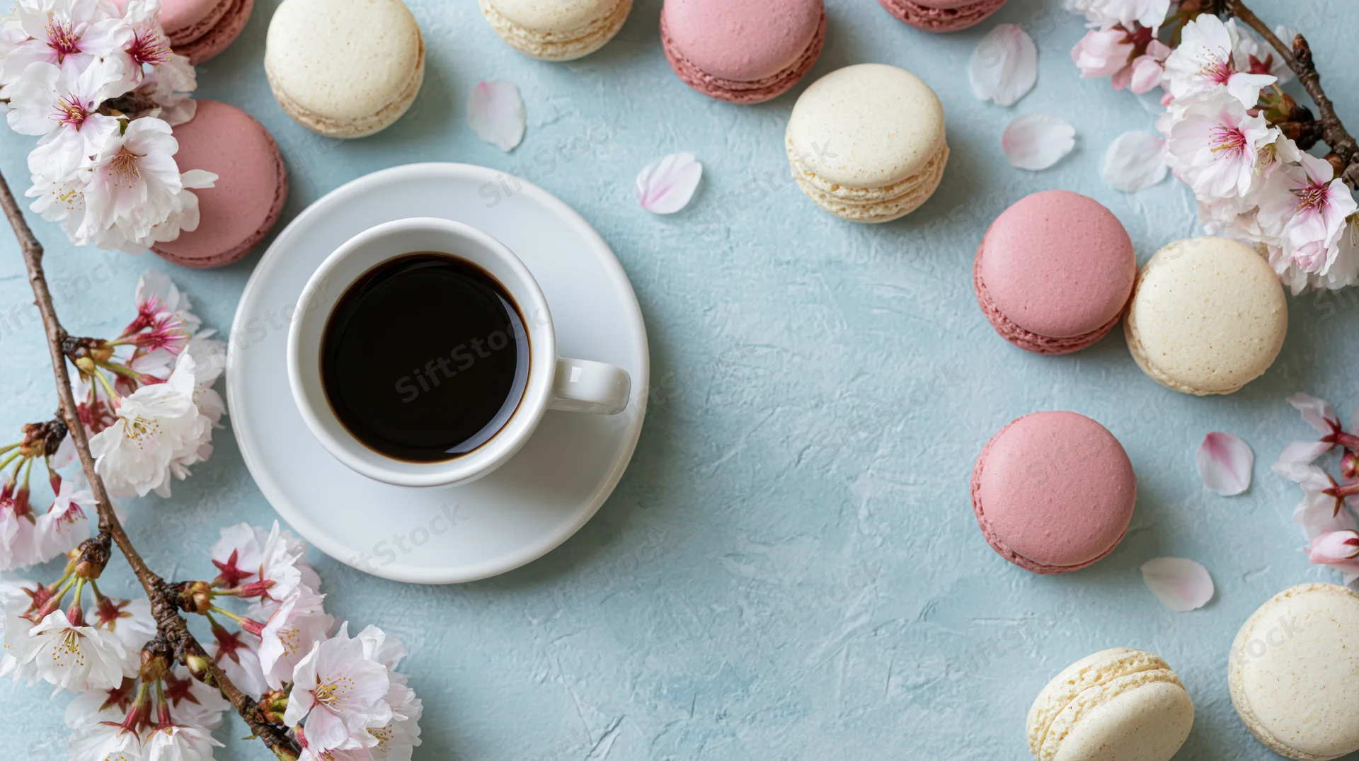 White ceramic espresso cup with black coffee surrounded by pink and cream macarons and cherry blossom branches on a light blue surface