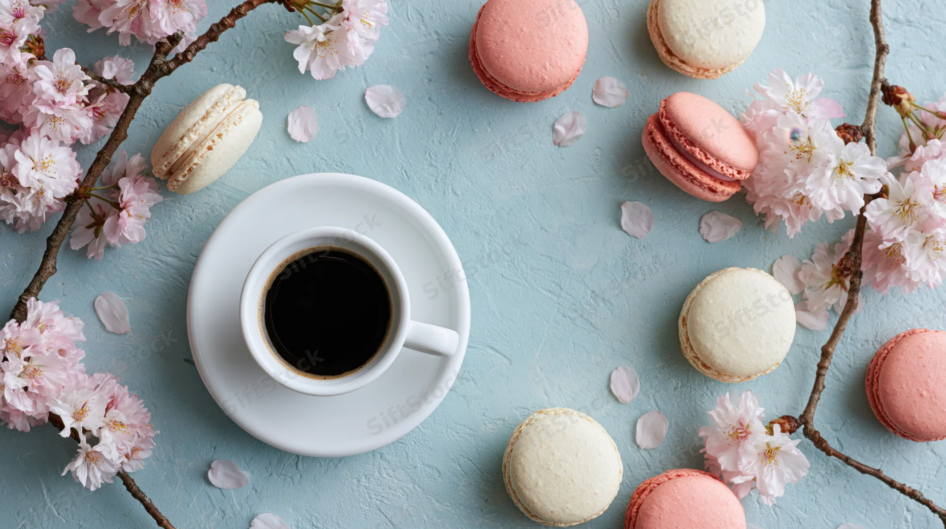 White ceramic espresso cup with black coffee surrounded by pink and white macarons and cherry blossom branches on a blue textured surface