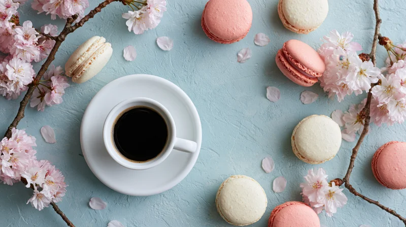 White ceramic espresso cup with black coffee surrounded by pink and white macarons and cherry blossom branches on a blue textured surface