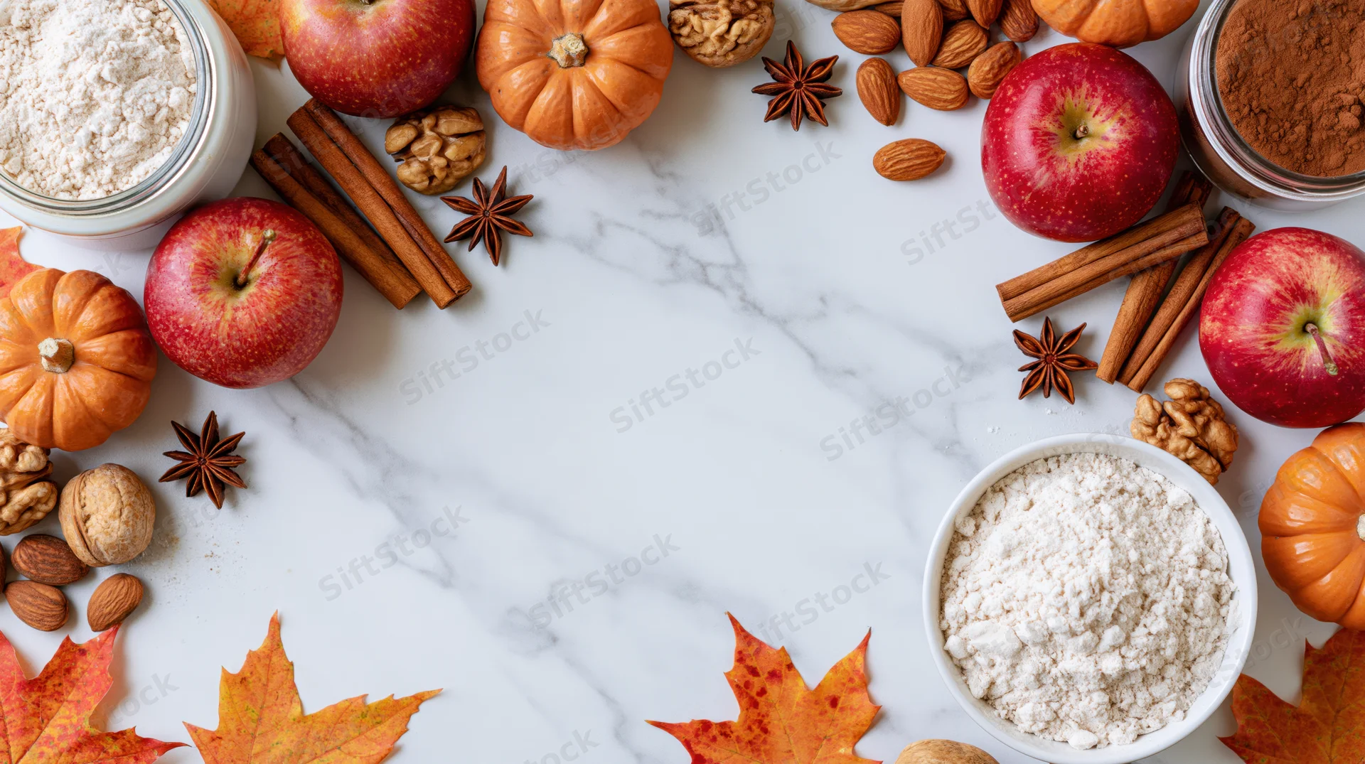 Autumn baking ingredients arranged in a border on a marble surface with copyspace in center