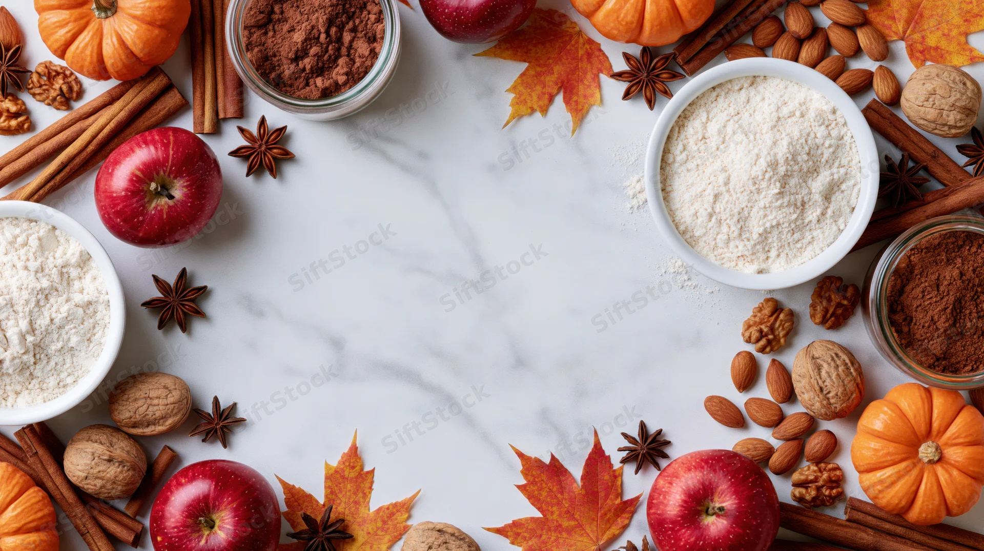 Autumn baking ingredients arranged in a border on a marble surface with copyspace in center