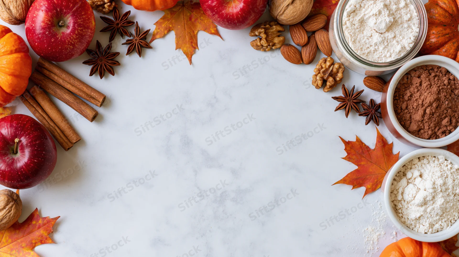 Autumn baking ingredients arranged as a border on a marble surface with copyspace in center