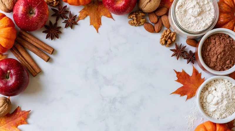Autumn baking ingredients arranged as a border on a marble surface with copyspace in center