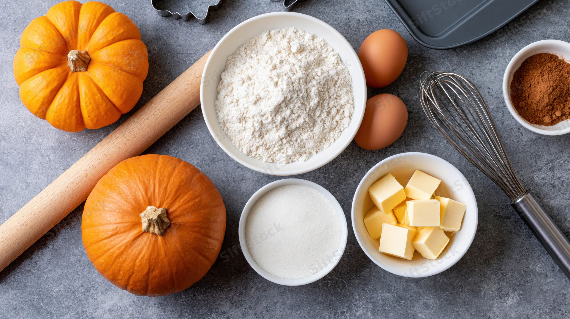 Autumn baking ingredients arranged on a gray countertop with pumpkins, flour, sugar, butter, eggs, cinnamon, rolling pin and whisk