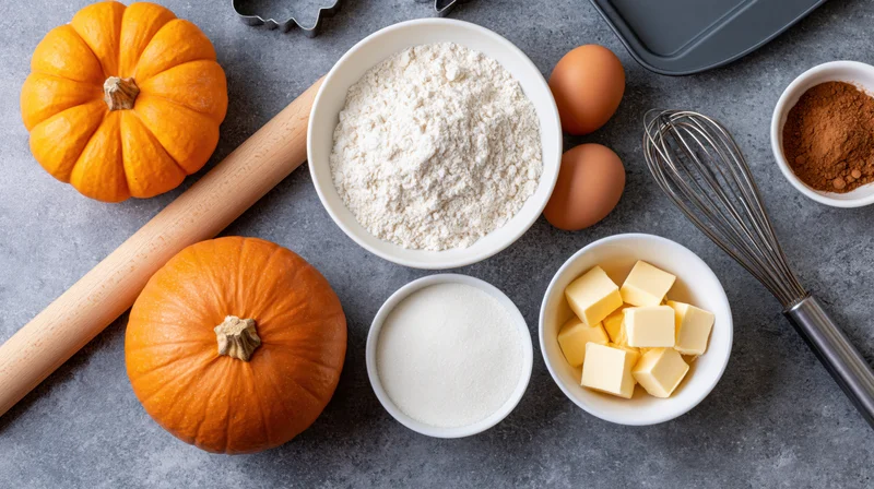 Autumn baking ingredients arranged on a gray countertop with pumpkins, flour, sugar, butter, eggs, cinnamon, rolling pin and whisk