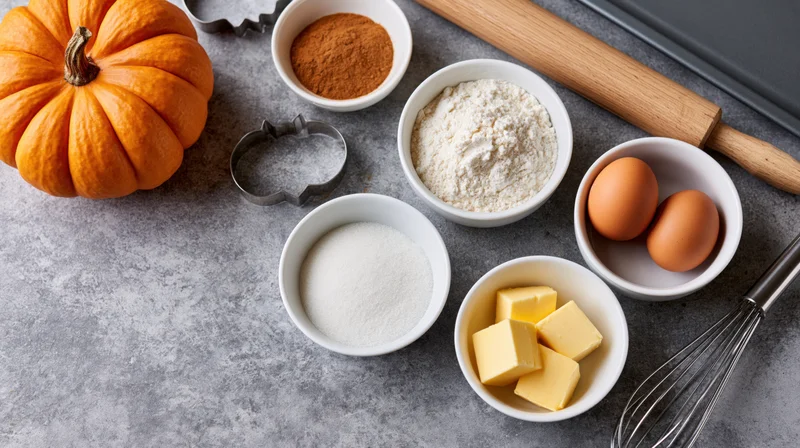 Autumn baking ingredients arranged on a gray countertop with pumpkin, flour, sugar, butter, eggs, cinnamon, rolling pin and cookie cutters